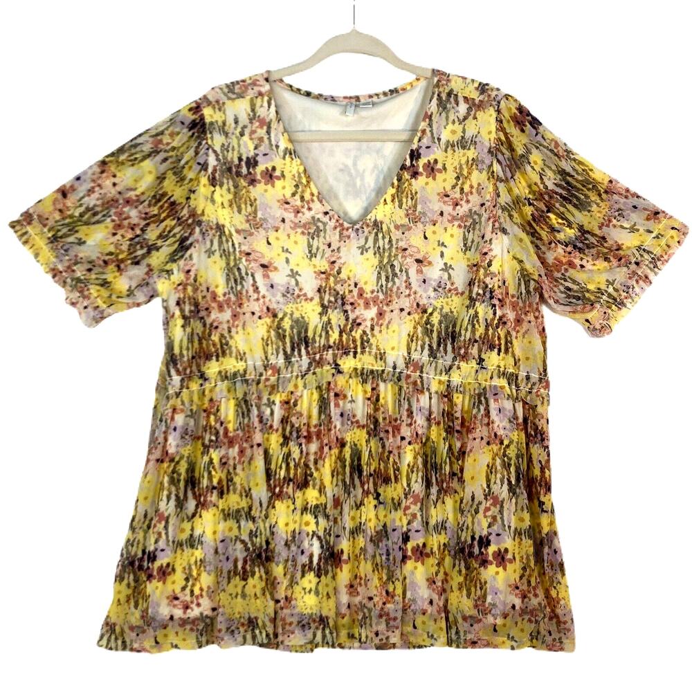 Floral Babydoll Hi-Low Top 2X Yellow Gauzy Cottage Coquette